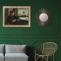 «Вид из окна» в интерьере классической гостиной с зеленой стеной над диваном