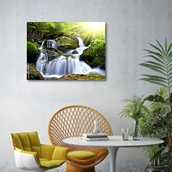 «Чехия. Водопад в парке Шумава №4» в интерьере современной гостиной с желтым креслом