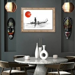 «Традиционный японский пейзаж с гребцом в лодке» в интерьере в этническом стиле над столом