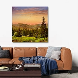«Прекрасный рассвет в лесистых горах» в интерьере современной гостиной над диваном