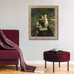 «Emilie Marie Wasmann, the artist's wife, with Elise and Erich, their oldest children, 1860» в интерьере гостиной в бордовых тонах