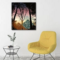 «Силуэты деревьев  на фоне гор» в интерьере комнаты в скандинавском стиле с желтым креслом