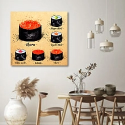 «Роллы Маки и Гунканы» в интерьере кухни в стиле ретро над обеденным столом