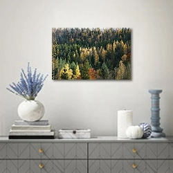 «Carpathian mountain in autumn» в интерьере современной гостиной с голубыми деталями
