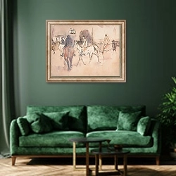 «The Riding School» в интерьере зеленой гостиной над диваном