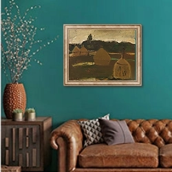 «Haystacks» в интерьере гостиной с зеленой стеной над диваном