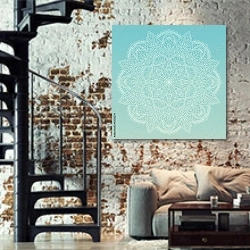 «Белая мандала на голубом» в интерьере двухярусной гостиной в стиле лофт с кирпичной стеной