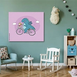 «Забавный мультяшный динозавр с девочкой на велосипеде» в интерьере детской комнаты для девочки в бирюзовых тонах