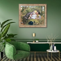 «Mother and Child with a poppy» в интерьере гостиной в зеленых тонах