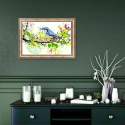 «Синяя птичка на весенней ветке» в интерьере прихожей в зеленых тонах над комодом