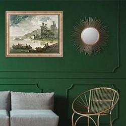 «Conway Castle, 1794» в интерьере классической гостиной с зеленой стеной над диваном