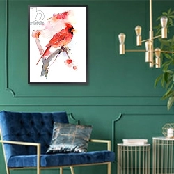«Red cardinal, 2016,» в интерьере в классическом стиле с зеленой стеной