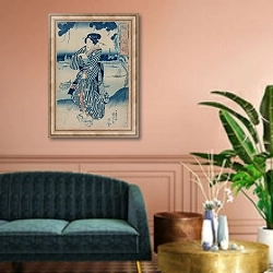 «Geisha Standing on the Bank of the Sumida River» в интерьере классической гостиной над диваном