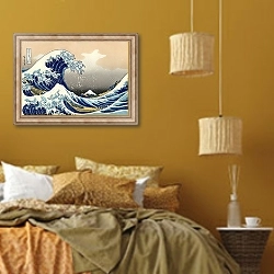 «Японская картина с волной» в интерьере спальни  в этническом стиле в желтых тонах