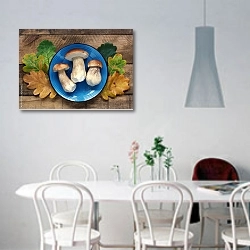 «Натюрморт с листьями и тремя белыми грибами» в интерьере светлой кухни над обеденным столом