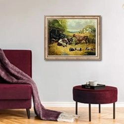 «Farmyard Scene, 1853» в интерьере гостиной в бордовых тонах