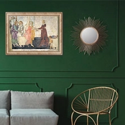 «Venus and the Graces offering gifts to a young girl, 1486» в интерьере классической гостиной с зеленой стеной над диваном