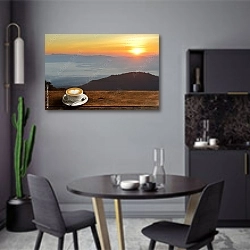 «Утренняя чашка кофе с горным фоном на рассвете» в интерьере современной кухни в серых цветах
