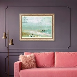 «Beach with figures and a jetty. c.1830» в интерьере гостиной с розовым диваном