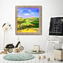 « Сельский пейзаж» в интерьере детской комнаты для мальчика с самокатом