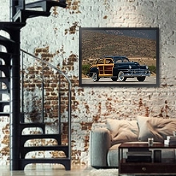 «Chrysler Town&Country '1947» в интерьере двухярусной гостиной в стиле лофт с кирпичной стеной