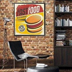 «Фастфуд, ретро плакат» в интерьере кабинета в стиле лофт с кирпичными стенами