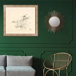 «Oiseau sur une pierre, devant des roseaux.» в интерьере классической гостиной с зеленой стеной над диваном