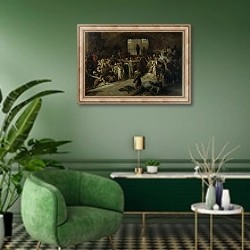 «The Plague of Tournai in 1095, 1883» в интерьере гостиной в зеленых тонах
