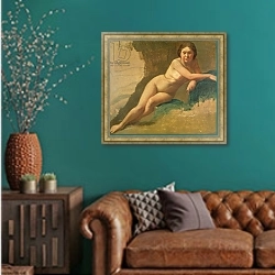 «Nude Study, c.1858-60» в интерьере гостиной с зеленой стеной над диваном