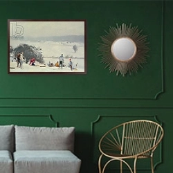 «Tobogganing, The Meads, Hertford» в интерьере классической гостиной с зеленой стеной над диваном