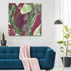 «Тропические листья 1» в интерьере современной гостиной над синим диваном