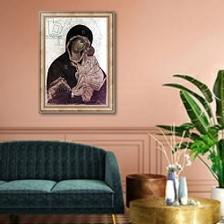 «The Virgin of the Don' Icon from the Late 14th Century, Tretyakov Gallery, Moscow.» в интерьере классической гостиной над диваном
