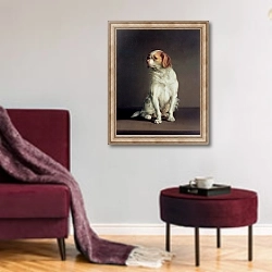 «Portrait of a King Charles Spaniel» в интерьере гостиной в бордовых тонах