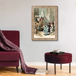 «Charlatans outside the Louvre during the French Revolution» в интерьере гостиной в бордовых тонах