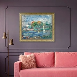 «The Blue River, c.1890-1900» в интерьере гостиной с розовым диваном