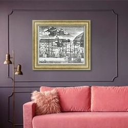 «Вид Троицкой площади на Городском острове 2» в интерьере гостиной с розовым диваном