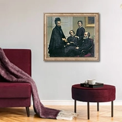 «The Dubourg Family, 1878» в интерьере гостиной в бордовых тонах