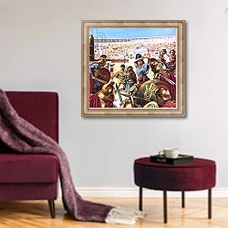 «Slaughter in the Hippodrome at Constantinople in AD 532» в интерьере гостиной в бордовых тонах