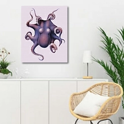 «Винтажная цветная иллюстрация осьминога» в интерьере гостиной в скандинавском стиле над комодом