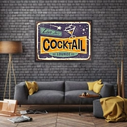 «Винтажный плакат с коктейлем» в интерьере в стиле лофт над диваном