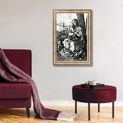 «The Virgin and Child seated under a tree, 1513» в интерьере гостиной в бордовых тонах