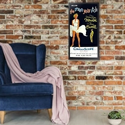 «Poster - Seven Year Itch, The 2» в интерьере в стиле лофт с кирпичной стеной и синим креслом