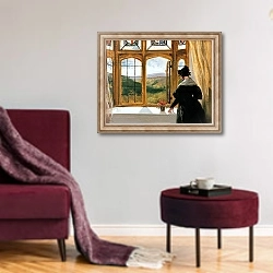 «Duchess of Abercorn looking out of a window» в интерьере гостиной в бордовых тонах
