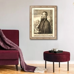 «Portrait of Daniel Seghers» в интерьере гостиной в бордовых тонах