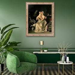 «Motherhood, 1805» в интерьере гостиной в зеленых тонах