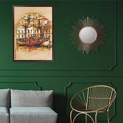 «Лодки в гавани» в интерьере классической гостиной с зеленой стеной над диваном