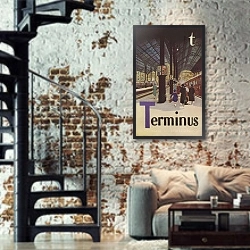 «T, Terminus» в интерьере двухярусной гостиной в стиле лофт с кирпичной стеной