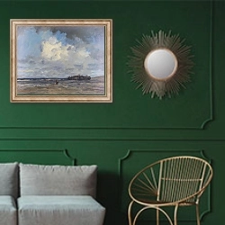 «Пляж 2» в интерьере классической гостиной с зеленой стеной над диваном