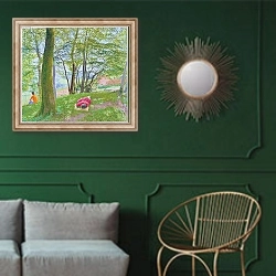 «Et in Arcadia ego, 1983» в интерьере классической гостиной с зеленой стеной над диваном