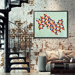 «Penrose's Conundrum, 1988» в интерьере двухярусной гостиной в стиле лофт с кирпичной стеной